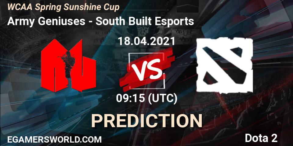 Prognose für das Spiel Army Geniuses VS South Built Esports. 18.04.2021 at 09:15. Dota 2 - WCAA Spring Sunshine Cup