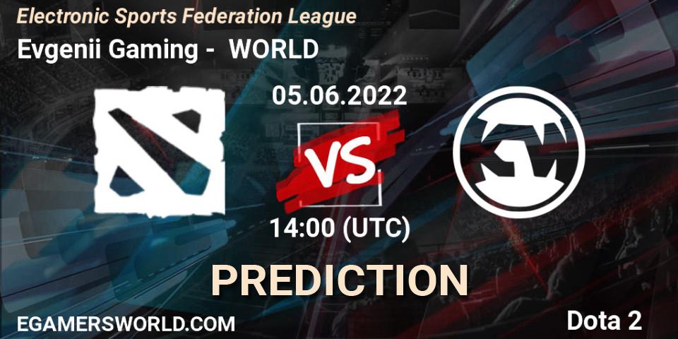 Prognose für das Spiel Evgenii Gaming VS КИБЕР WORLD. 05.06.2022 at 14:03. Dota 2 - Electronic Sports Federation League