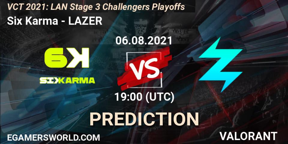Prognose für das Spiel Six Karma VS LAZER. 06.08.2021 at 19:00. VALORANT - VCT 2021: LAN Stage 3 Challengers Playoffs
