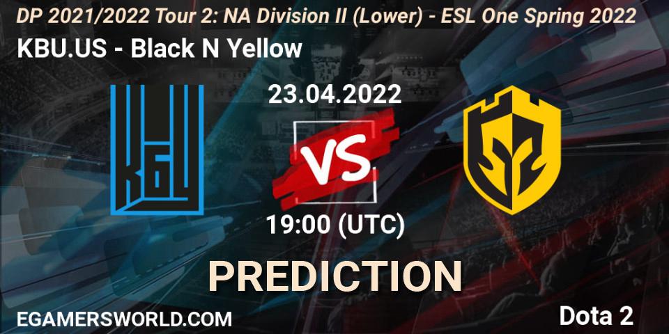 Prognose für das Spiel KBU.US VS Black N Yellow. 23.04.2022 at 18:55. Dota 2 - DP 2021/2022 Tour 2: NA Division II (Lower) - ESL One Spring 2022
