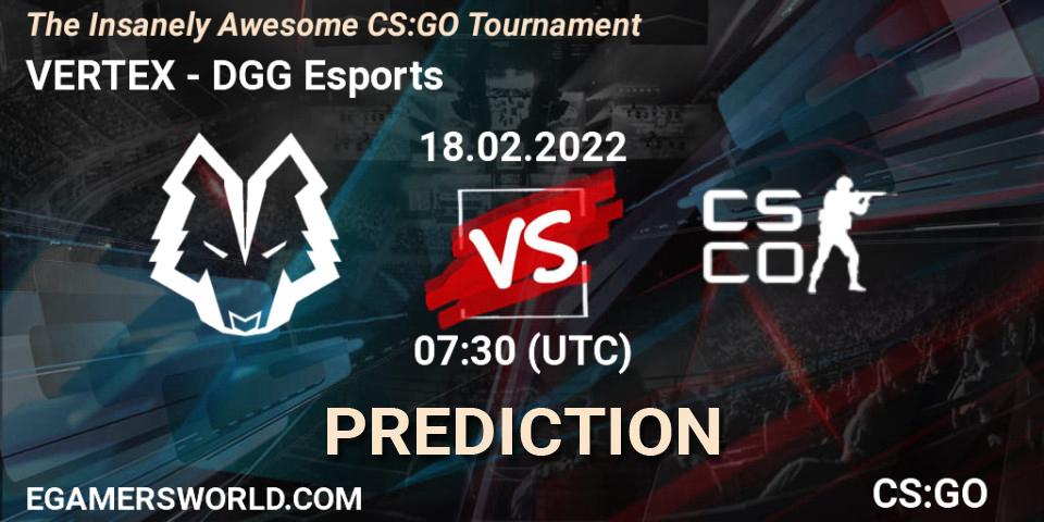 Prognose für das Spiel VERTEX VS DGG Esports. 18.02.2022 at 07:30. Counter-Strike (CS2) - The Insanely Awesome CS:GO Tournament