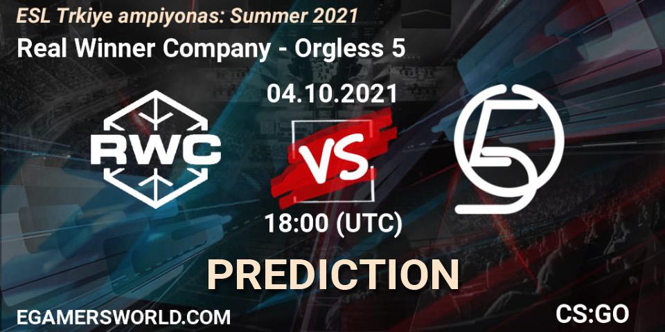 Prognose für das Spiel Real Winner Company VS Orgless 5. 04.10.2021 at 18:00. Counter-Strike (CS2) - ESL Türkiye Şampiyonası: Summer 2021