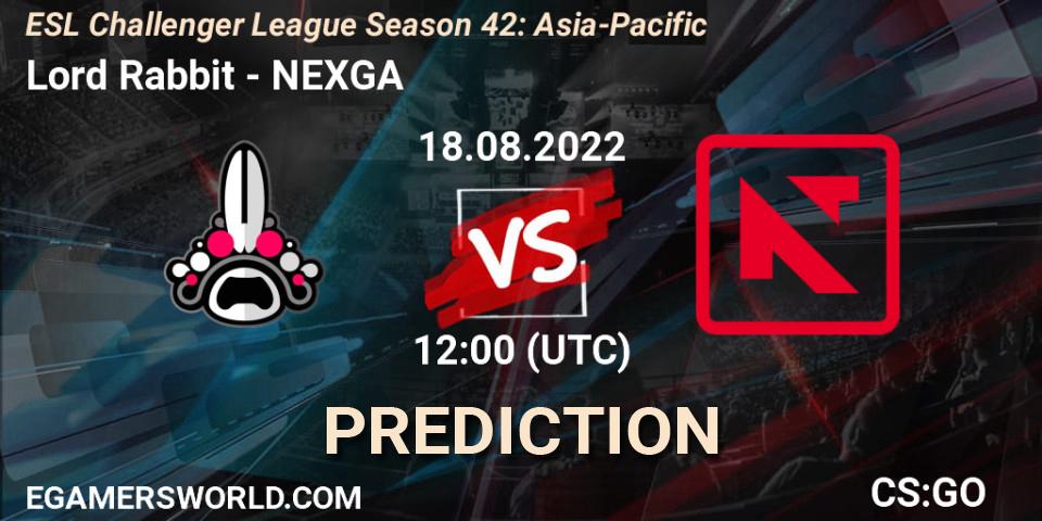 Prognose für das Spiel Lord Rabbit VS NEXGA. 18.08.2022 at 12:00. Counter-Strike (CS2) - ESL Challenger League Season 42: Asia-Pacific