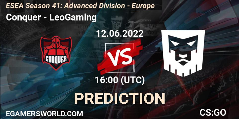 Prognose für das Spiel Conquer VS LeoGaming. 12.06.2022 at 16:00. Counter-Strike (CS2) - ESEA Season 41: Advanced Division - Europe