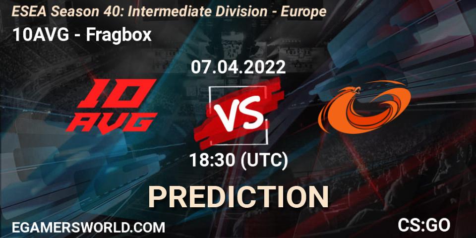 Prognose für das Spiel 10AVG VS Fragbox. 07.04.2022 at 18:30. Counter-Strike (CS2) - ESEA Season 40: Intermediate Division - Europe