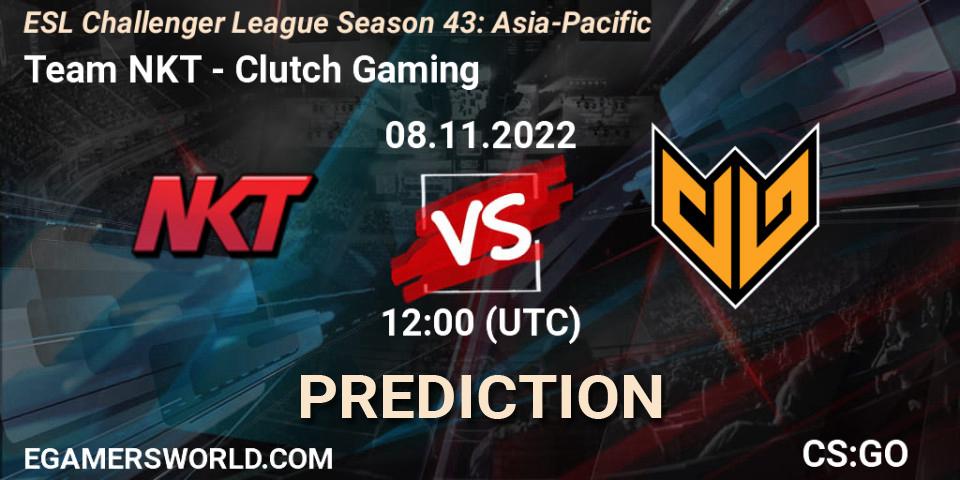 Prognose für das Spiel Team NKT VS Clutch Gaming. 08.11.2022 at 12:00. Counter-Strike (CS2) - ESL Challenger League Season 43: Asia-Pacific