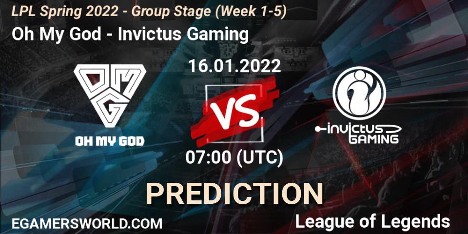Prognose für das Spiel Oh My God VS Invictus Gaming. 16.01.22. LoL - LPL Spring 2022 - Group Stage (Week 1-5)