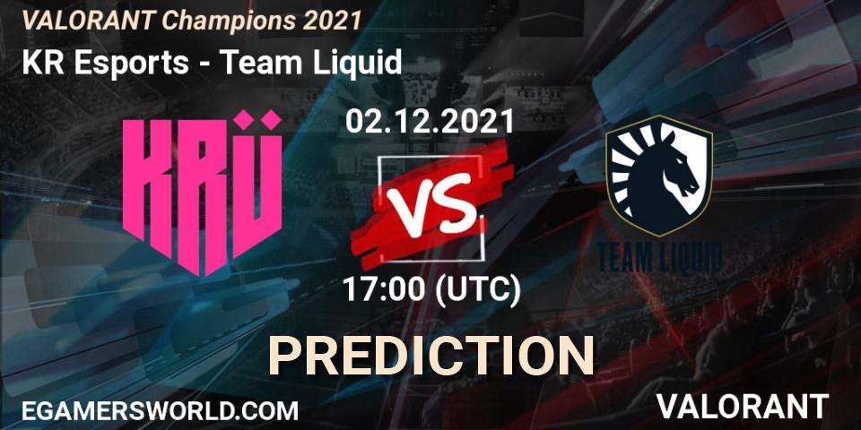 Prognose für das Spiel KRÜ Esports VS Team Liquid. 02.12.2021 at 21:45. VALORANT - VALORANT Champions 2021