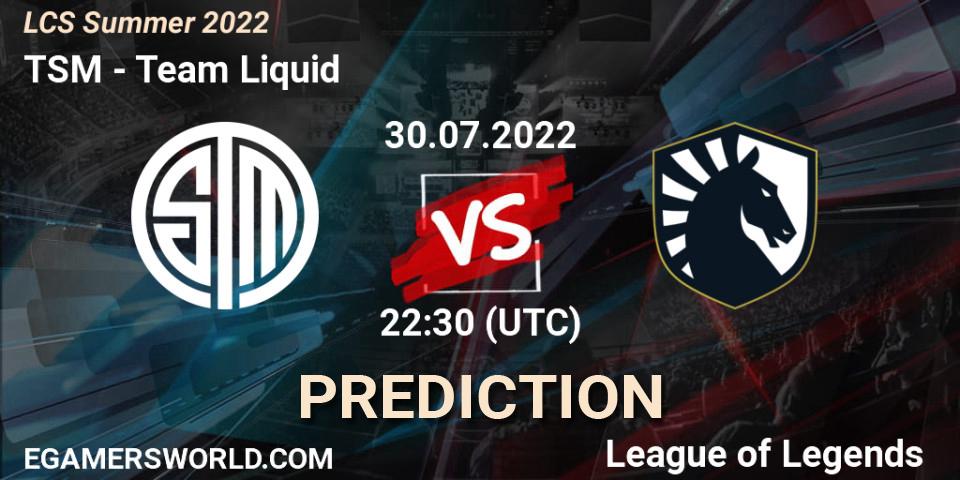 Prognose für das Spiel TSM VS Team Liquid. 30.07.22. LoL - LCS Summer 2022