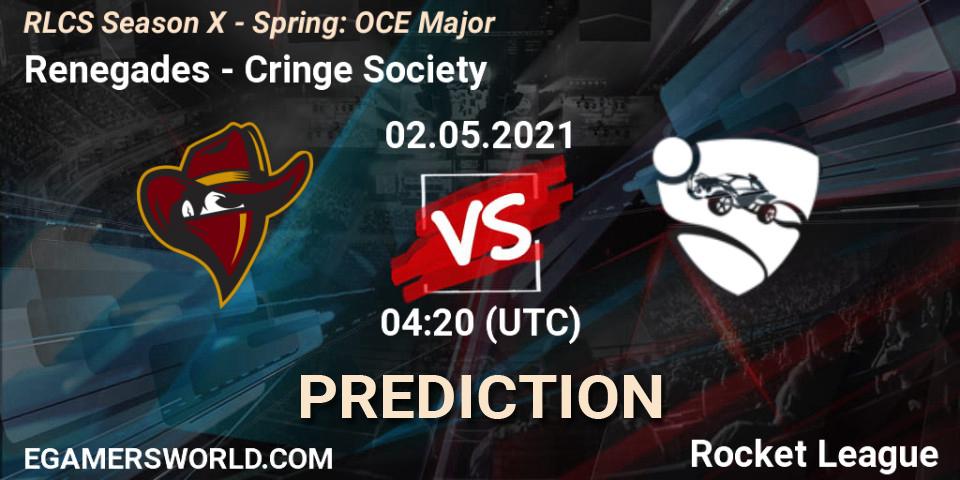 Prognose für das Spiel Renegades VS Cringe Society. 02.05.2021 at 04:00. Rocket League - RLCS Season X - Spring: OCE Major