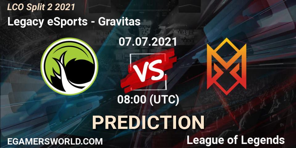 Prognose für das Spiel Legacy eSports VS Gravitas. 07.07.2021 at 08:00. LoL - LCO Split 2 2021