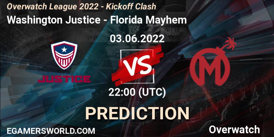 Prognose für das Spiel Washington Justice VS Florida Mayhem. 03.06.22. Overwatch - Overwatch League 2022 - Kickoff Clash