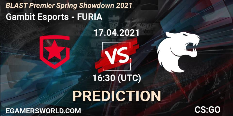 Prognose für das Spiel Gambit Esports VS FURIA. 17.04.2021 at 16:10. Counter-Strike (CS2) - BLAST Premier Spring Showdown 2021