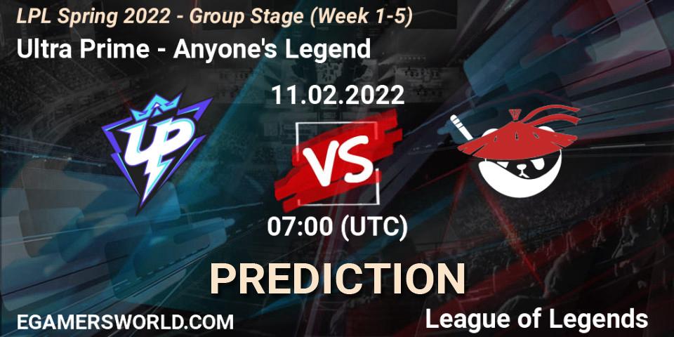 Prognose für das Spiel Ultra Prime VS Anyone's Legend. 11.02.22. LoL - LPL Spring 2022 - Group Stage (Week 1-5)