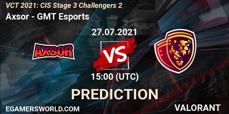 Prognose für das Spiel Axsor VS GMT Esports. 27.07.2021 at 15:00. VALORANT - VCT 2021: CIS Stage 3 Challengers 2