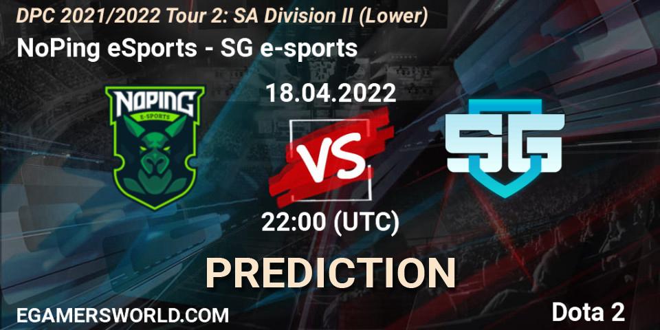 Prognose für das Spiel NoPing eSports VS SG e-sports. 18.04.2022 at 22:00. Dota 2 - DPC 2021/2022 Tour 2: SA Division II (Lower)