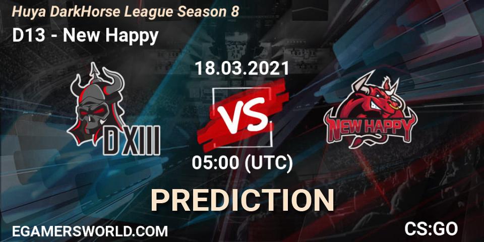 Prognose für das Spiel D13 VS New Happy. 18.03.2021 at 05:00. Counter-Strike (CS2) - Huya DarkHorse League Season 8