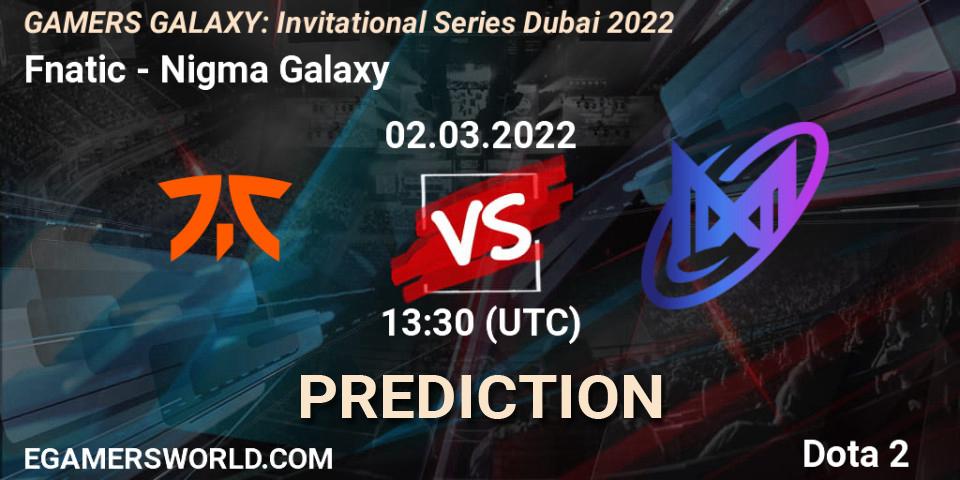 Prognose für das Spiel Fnatic VS Nigma Galaxy. 02.03.2022 at 12:20. Dota 2 - GAMERS GALAXY: Invitational Series Dubai 2022