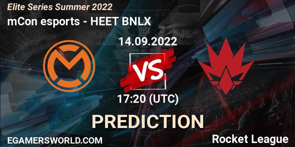 Prognose für das Spiel mCon esports VS HEET BNLX. 14.09.2022 at 17:20. Rocket League - Elite Series Summer 2022