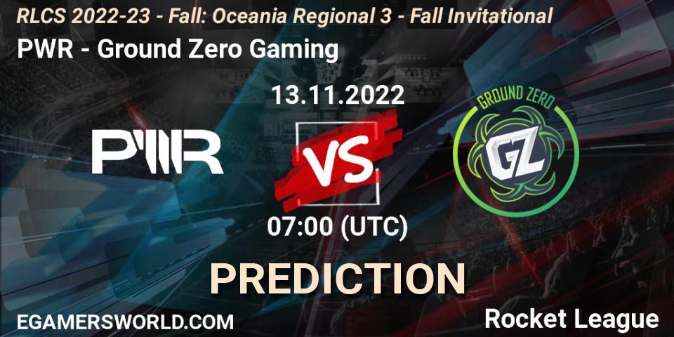 Prognose für das Spiel PWR VS Ground Zero Gaming. 13.11.2022 at 07:00. Rocket League - RLCS 2022-23 - Fall: Oceania Regional 3 - Fall Invitational