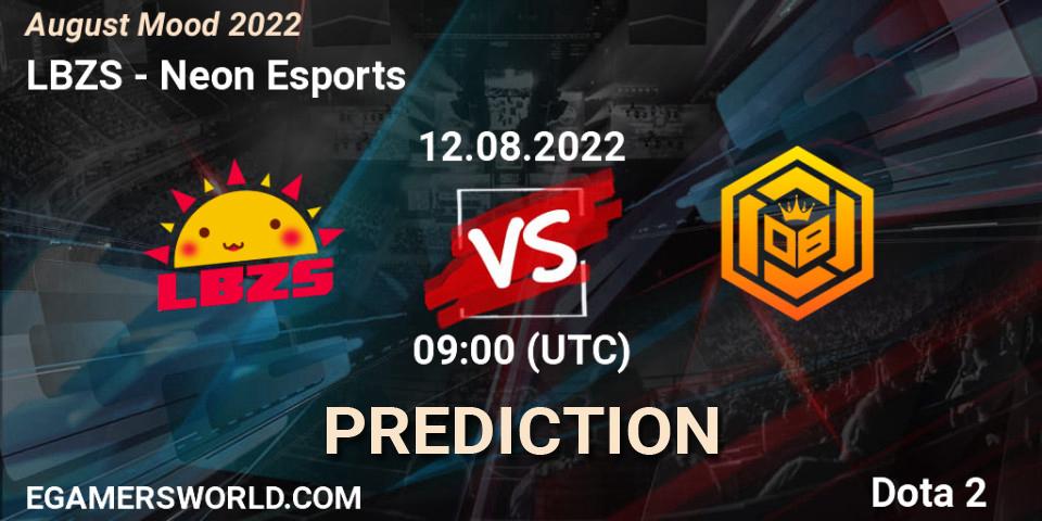 Prognose für das Spiel LBZS VS Neon Esports. 12.08.2022 at 09:34. Dota 2 - August Mood 2022