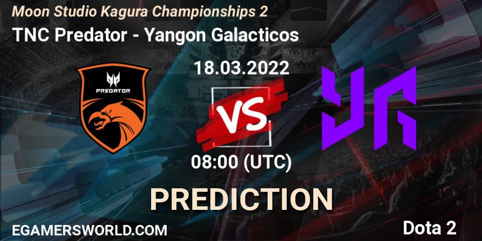Prognose für das Spiel TNC Predator VS Yangon Galacticos. 18.03.2022 at 08:17. Dota 2 - Moon Studio Kagura Championships 2