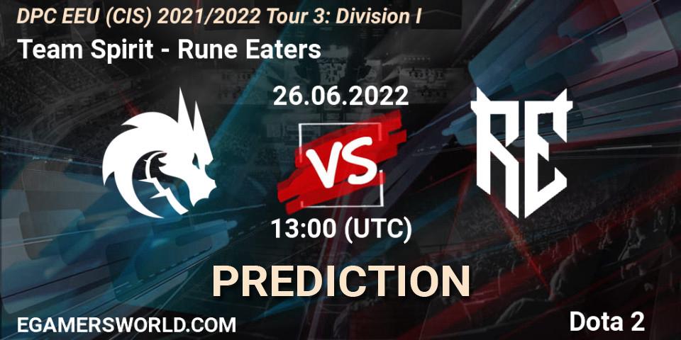 Prognose für das Spiel Team Spirit VS Rune Eaters. 26.06.2022 at 13:01. Dota 2 - DPC EEU (CIS) 2021/2022 Tour 3: Division I