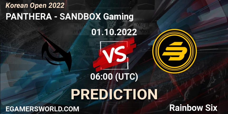 Prognose für das Spiel PANTHERA VS SANDBOX Gaming. 01.10.2022 at 06:00. Rainbow Six - Korean Open 2022