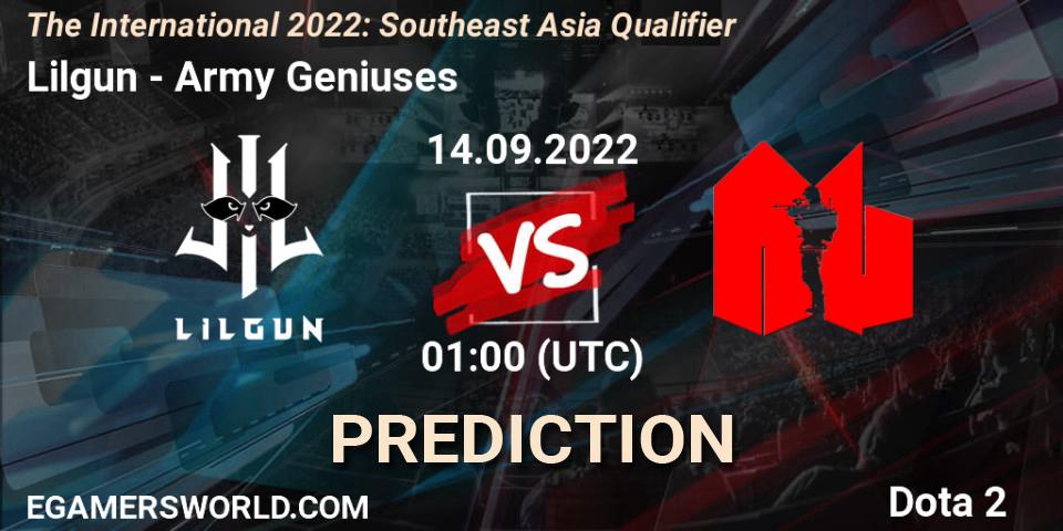 Prognose für das Spiel Lilgun VS Army Geniuses. 14.09.2022 at 01:01. Dota 2 - The International 2022: Southeast Asia Qualifier