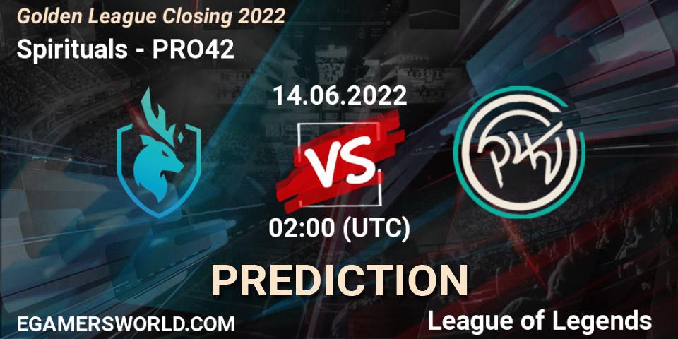 Prognose für das Spiel Spirituals VS PRO42. 14.06.2022 at 02:00. LoL - Golden League Closing 2022