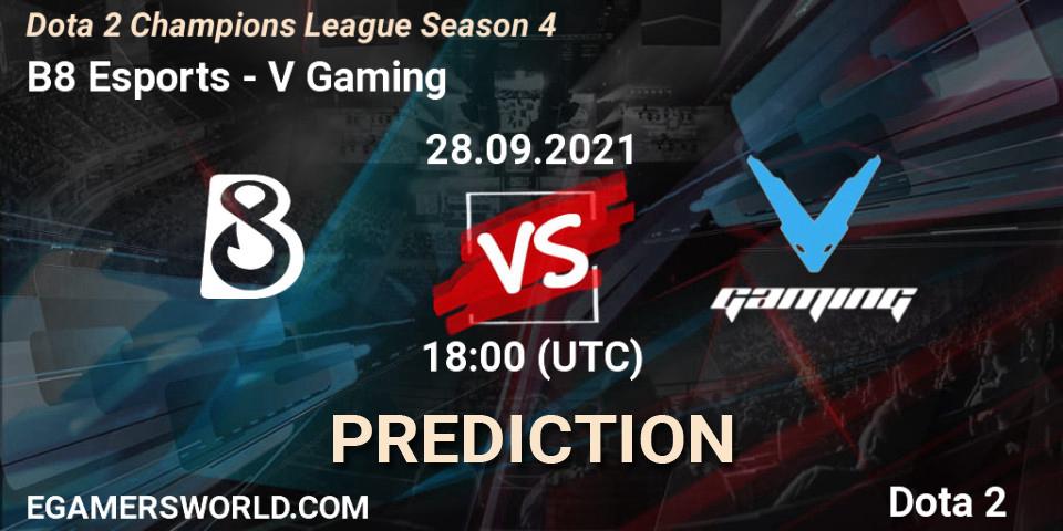 Prognose für das Spiel B8 Esports VS V Gaming. 28.09.2021 at 18:00. Dota 2 - Dota 2 Champions League Season 4