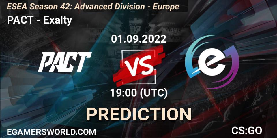 Prognose für das Spiel PACT VS Exalty. 01.09.2022 at 19:00. Counter-Strike (CS2) - ESEA Season 42: Advanced Division - Europe