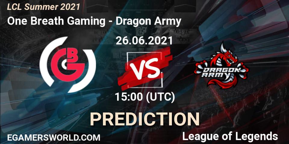 Prognose für das Spiel One Breath Gaming VS Dragon Army. 27.06.2021 at 15:00. LoL - LCL Summer 2021