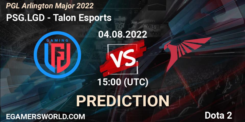 Prognose für das Spiel PSG.LGD VS Talon Esports. 04.08.2022 at 15:05. Dota 2 - PGL Arlington Major 2022 - Group Stage