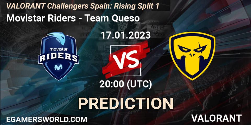 Prognose für das Spiel Movistar Riders VS Team Queso. 17.01.2023 at 20:45. VALORANT - VALORANT Challengers 2023 Spain: Rising Split 1