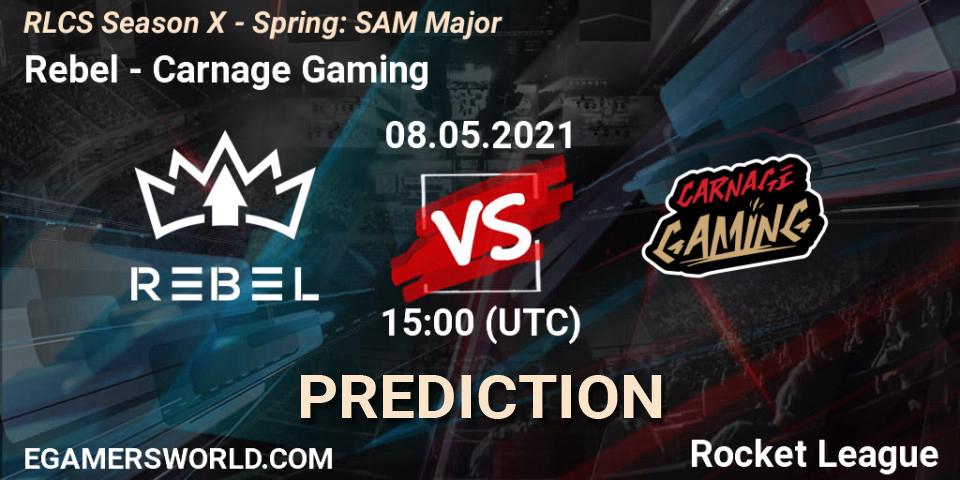 Prognose für das Spiel Rebel VS Carnage Gaming. 08.05.2021 at 15:00. Rocket League - RLCS Season X - Spring: SAM Major