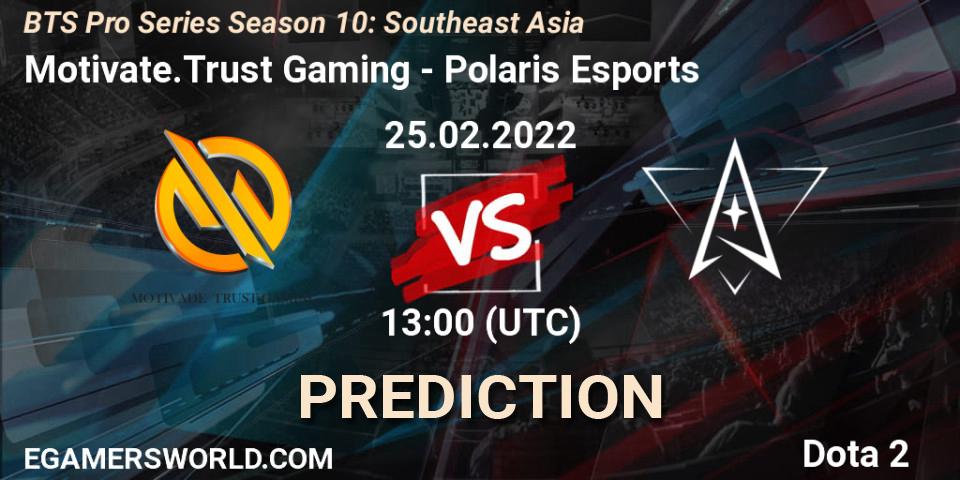 Prognose für das Spiel Motivate.Trust Gaming VS Polaris Esports. 25.02.2022 at 13:11. Dota 2 - BTS Pro Series Season 10: Southeast Asia