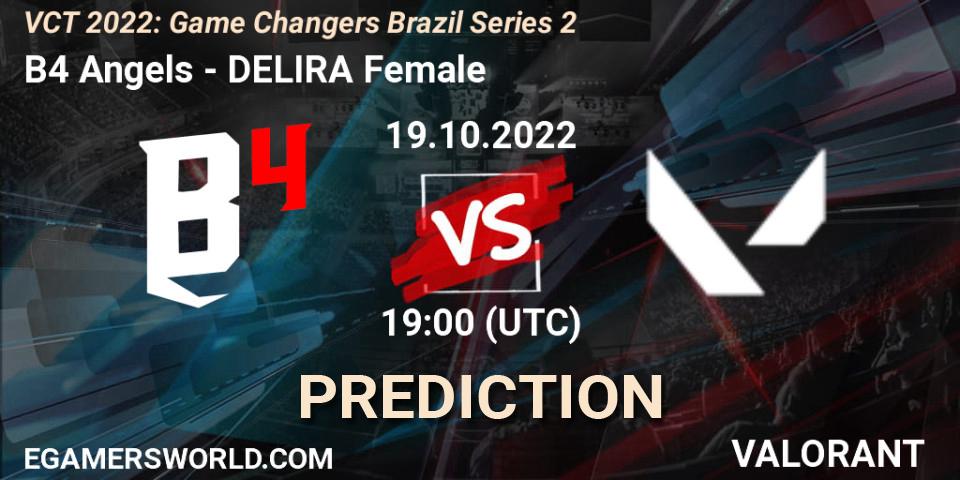Prognose für das Spiel B4 Angels VS DELIRA Female. 19.10.2022 at 19:00. VALORANT - VCT 2022: Game Changers Brazil Series 2