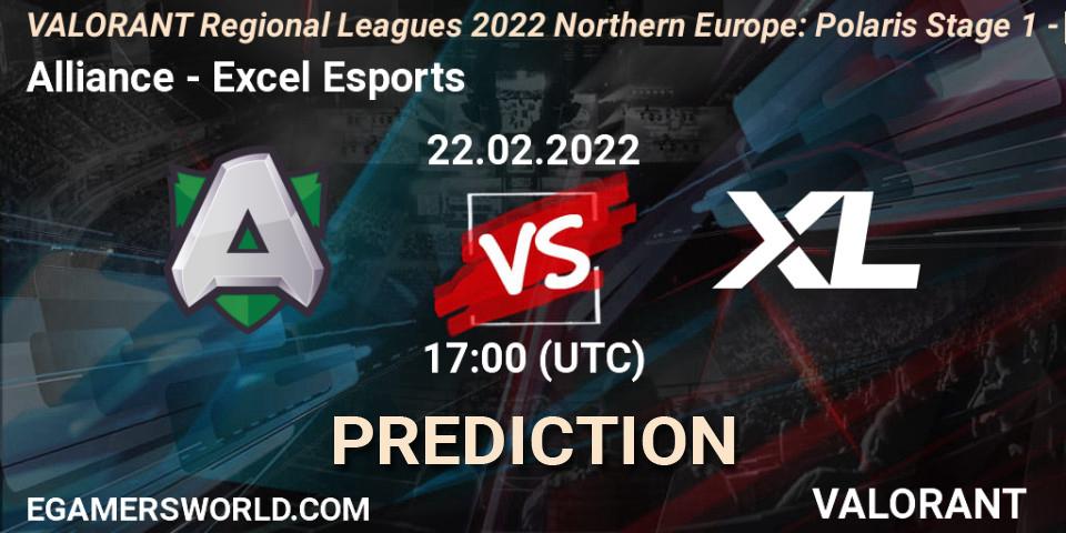 Prognose für das Spiel Alliance VS Excel Esports. 22.02.2022 at 17:00. VALORANT - VALORANT Regional Leagues 2022 Northern Europe: Polaris Stage 1 - Regular Season
