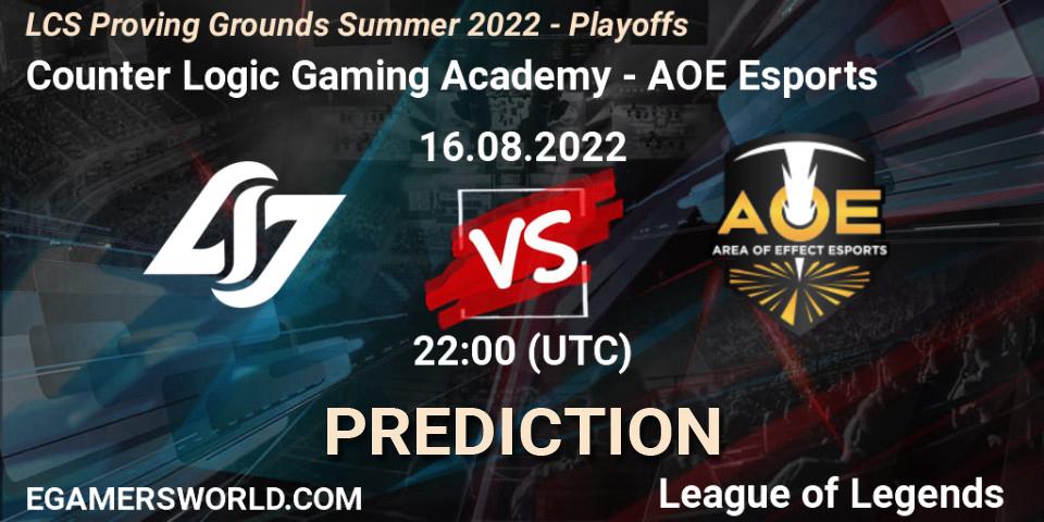 Prognose für das Spiel Counter Logic Gaming Academy VS AOE Esports. 16.08.2022 at 22:00. LoL - LCS Proving Grounds Summer 2022 - Playoffs