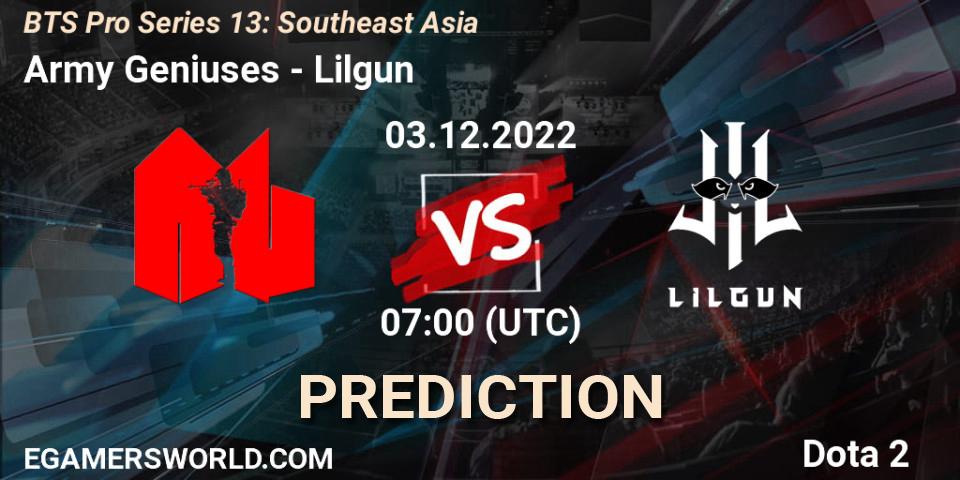 Prognose für das Spiel Army Geniuses VS Lilgun. 03.12.22. Dota 2 - BTS Pro Series 13: Southeast Asia