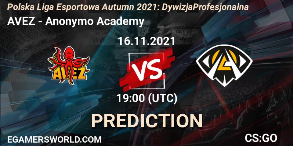Prognose für das Spiel AVEZ VS Anonymo Academy. 16.11.2021 at 20:00. Counter-Strike (CS2) - Polska Liga Esportowa Autumn 2021: Dywizja Profesjonalna