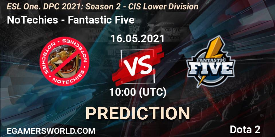 Prognose für das Spiel NoTechies VS Fantastic Five. 16.05.2021 at 09:57. Dota 2 - ESL One. DPC 2021: Season 2 - CIS Lower Division