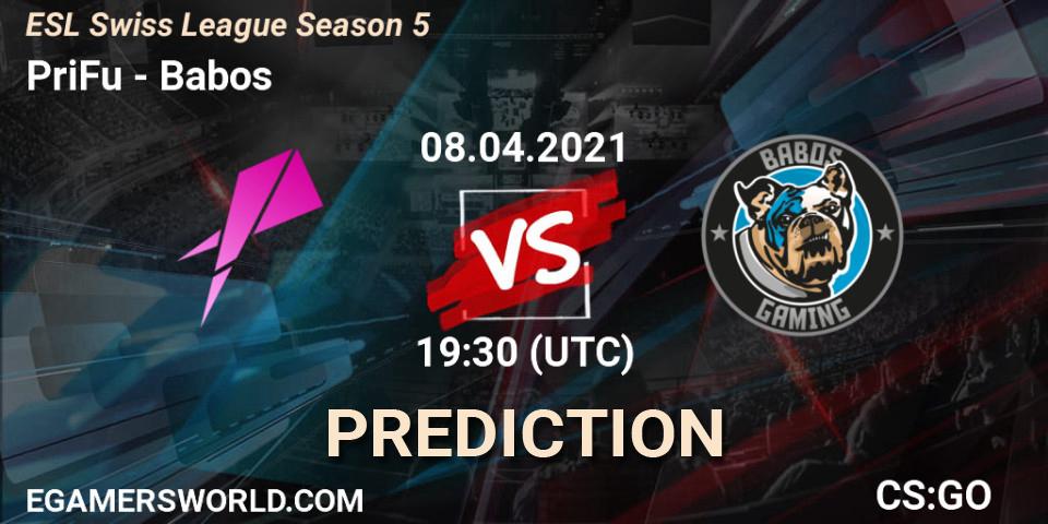 Prognose für das Spiel PriFu VS Babos. 08.04.2021 at 19:30. Counter-Strike (CS2) - ESL Swiss League Season 5