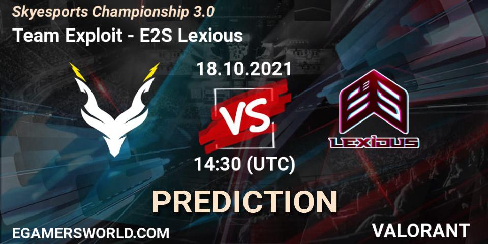 Prognose für das Spiel Team Exploit VS E2S Lexious. 18.10.2021 at 14:30. VALORANT - Skyesports Championship 3.0