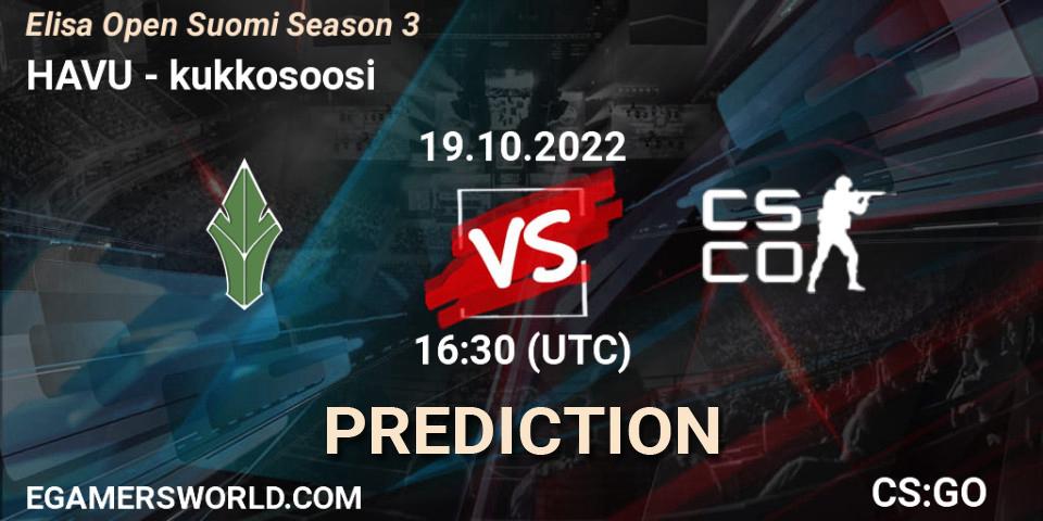 Prognose für das Spiel HAVU VS kukkosoosi. 19.10.2022 at 16:30. Counter-Strike (CS2) - Elisa Open Suomi Season 3
