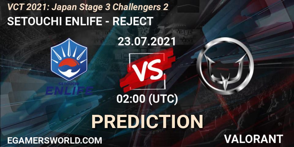 Prognose für das Spiel SETOUCHI ENLIFE VS REJECT. 23.07.2021 at 02:00. VALORANT - VCT 2021: Japan Stage 3 Challengers 2