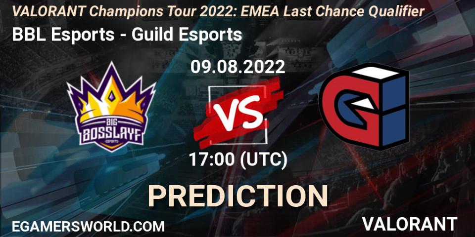 Prognose für das Spiel BBL Esports VS Guild Esports. 09.08.2022 at 17:20. VALORANT - VCT 2022: EMEA Last Chance Qualifier