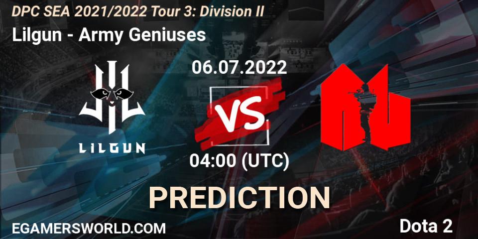 Prognose für das Spiel Lilgun VS Army Geniuses. 06.07.2022 at 04:00. Dota 2 - DPC SEA 2021/2022 Tour 3: Division II
