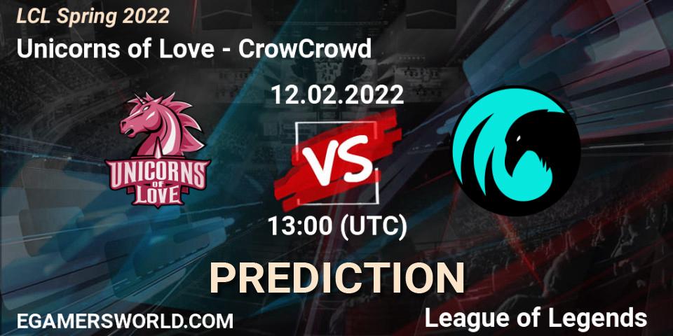 Prognose für das Spiel Unicorns of Love VS CrowCrowd. 12.02.22. LoL - LCL Spring 2022